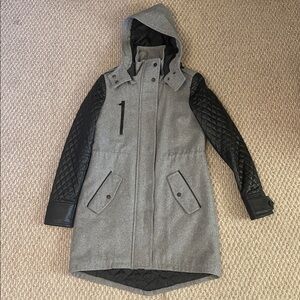 William Rast Wool Blend Coat with Faux Leather Sleeves Grey/Black Sz S